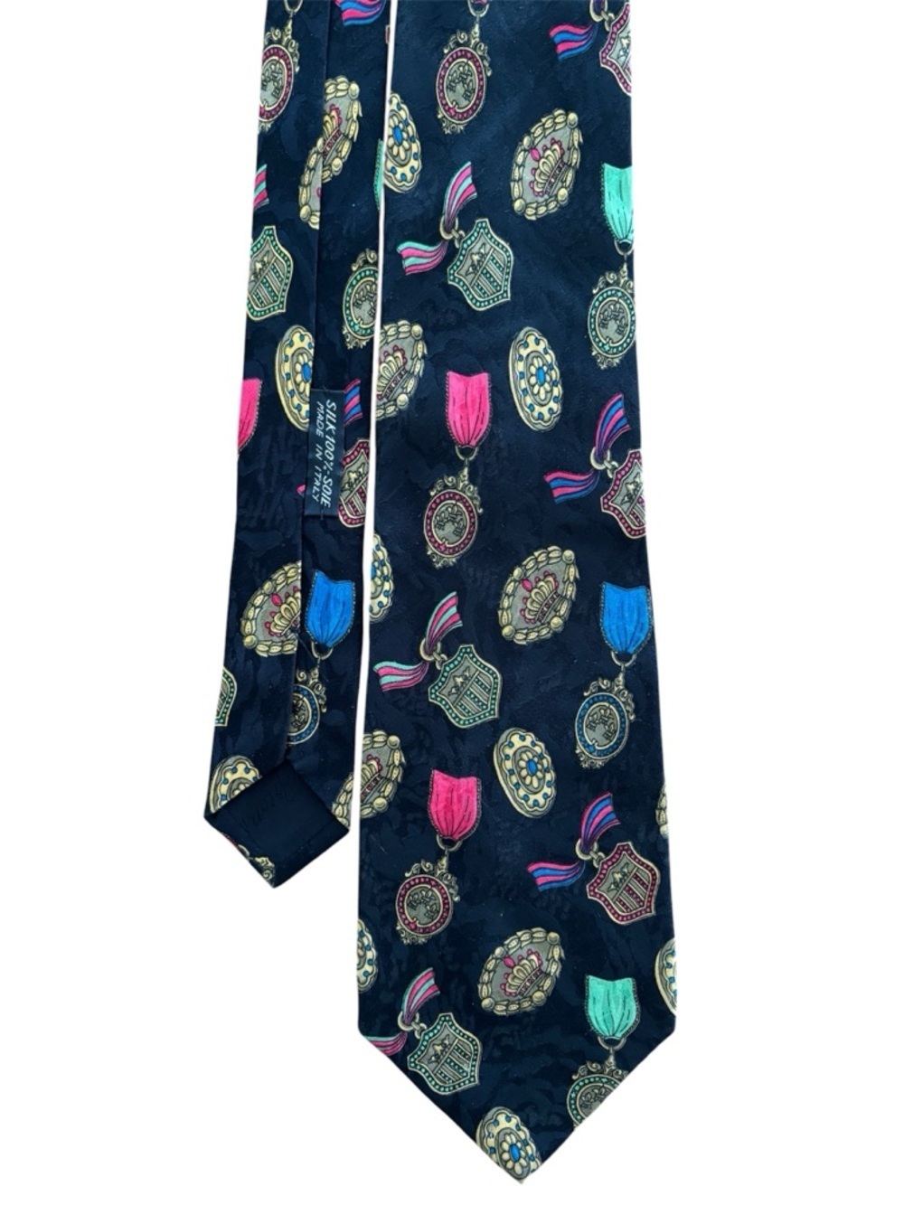 Brioni Italy Silk Tie Black Medal Crest Medallion Print Luxury Designer